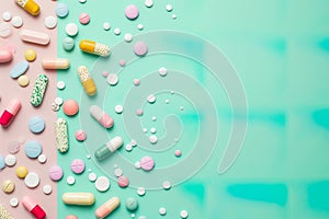 Different pills and capsules on pastel background.