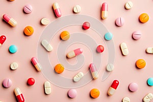 Different pills and capsules on pastel background.