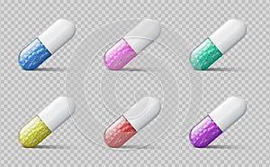 Different pills. Color medical capcules. Realistic 3d medicine drugs. Healthcare pharmacy vitamins or tablets