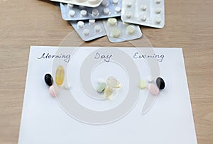 Different pills for morning, day and evening. Scheduled Reception photo