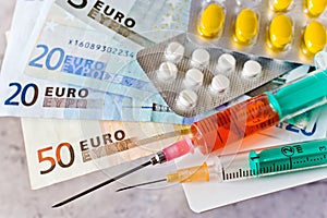 Different pills and syringe with Euro money - healthcare cost