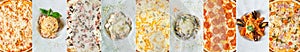 Different pizza and pasta with different ingredients and sauces. Traditional popular Italian food. Collage, set. Close-up. Top