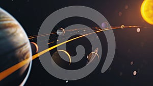 Different planers moving along orbits in dark space 3d rendering image, ai generated photo