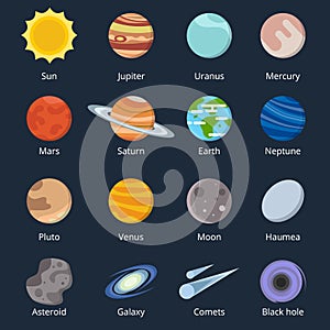 Different planets of solar system. Illustration of space in cartoon style