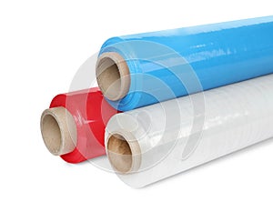 Different plastic stretch wrap films on white background, closeup