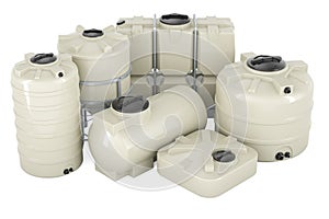 Different plastic tanks for water and other liquid, 3D rendering