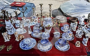 Different porcelain and figurines at the flea market in Tbilisi