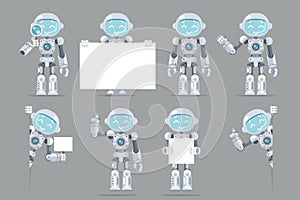 Different poses boy teen robot android artificial intelligence futuristic information interface flat design vector