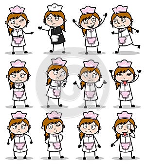 Different Poses of Comic Waitress - Set of Concepts Vector illustrations
