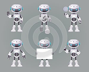 Different Poses Robot innovation technology science fiction future cute little 3d Icons set design vector illustration