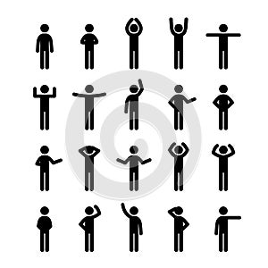 Different poses stick figure people pictogram icon set. Human symbol sign.