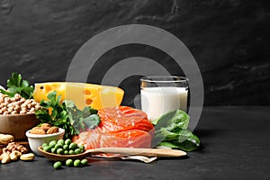 Different products rich in protein on table