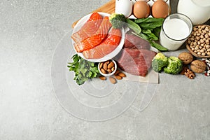 Different products rich in protein on table