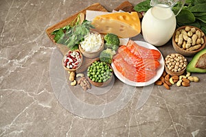 Different products rich in protein on table