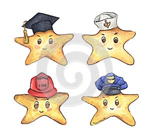 Different professions hats collection and yellow star.  Watercolor illustration. Uniform headgear items