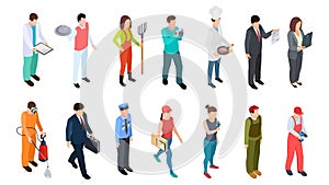 Different professions. Isometric professionals vector collection. 3D people doctor policeman businessman builder