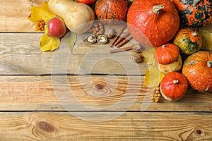 Different pumpkins on wooden background