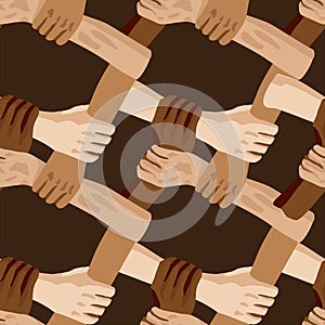 Different races of People holding hands together. top view of hands of different skin colors Vector illustration dark background
