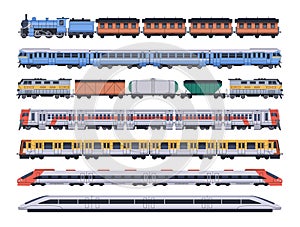 Different rail transport set. Passenger and goods trains with wagons, carriages side view. Modern and old railway