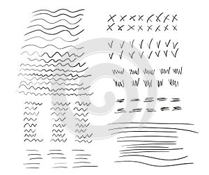 Different random drawn lines. Vector wavy doodles, elements of hatching, strikethrough. Marker style brush set.