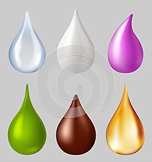 Different realistic drops. Falling honey drop, chocolate, milk, water, color. Capsule of liquid vitamins. Vector image