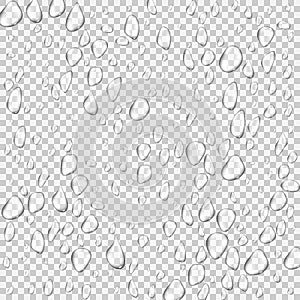 Different realistic transparent water drops. Glass bubble drop condensation surface on isolated background. Vector clean