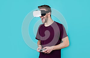 Different reality. Happy gamer use modern technology. Digital future and innovation. Visual reality. man wear wireless