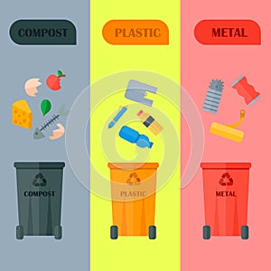 Different recycling garbage cards waste types sorting processing, treatment remaking trash utilize icons vector