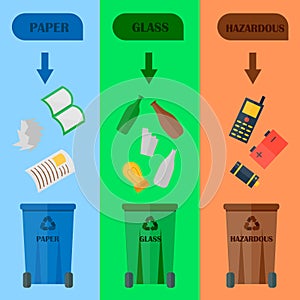 Different recycling garbage cards waste types sorting processing, treatment remaking trash utilize icons vector