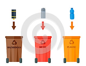 Different recycling garbage waste types sorting processing, treatment remaking trash utilize icons vector illustration.