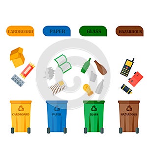 Different recycling garbage waste types sorting processing, treatment remaking trash utilize icons vector illustration.