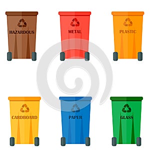 Different recycling garbage waste types sorting processing, treatment remaking trash utilize icons vector illustration.