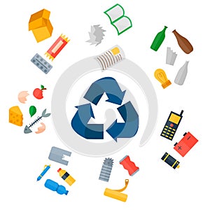 Different recycling garbage waste types sorting processing, treatment remaking trash utilize icons vector illustration.