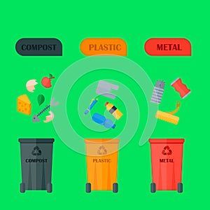 Different recycling garbage waste types sorting processing, treatment remaking trash utilize icons vector illustration.