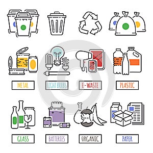 Different recycling garbage waste types sorting processing, treatment remaking trash utilize icons vector illustration.