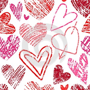 Different Red heart seamless pattern. Oil pastel or wax crayon painting. Grunge hearts on white background. Vector