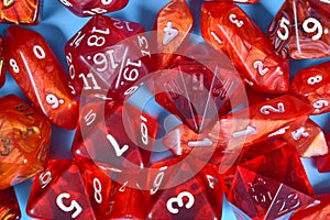 Different red roleplaying RPG dice