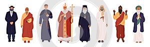 Different religions priests. Religious characters in ceremonial clothes. God worship. Christian and Muslim. Various