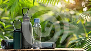 Different reusable water bottles standing on a table with a green nature background, Ai Generated