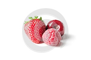 Different ripe tasty berries on white background such as strawberries