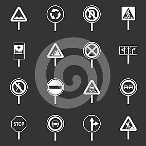 Different road signs icons set grey vector