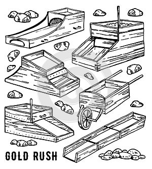 Different rocker boxes. California gold rush vintage outline vector graphic hand drawn set. Historical gold mining tools