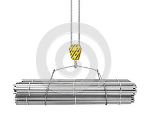 Different rolled metal products on a crane hook