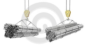 Different rolled metal products on a crane hook on a white.