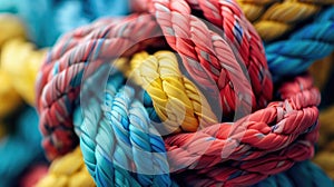 Different ropes intricately woven into a knot, a visual metaphor for teamwork and collaboration. Ai Generated