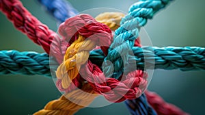 Different ropes intricately woven into a knot, a visual metaphor for teamwork and collaboration. Ai Generated