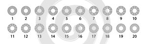 Different round graphic Pie charts gray set. Vector round 20 section. Segmented circles set isolated on a white