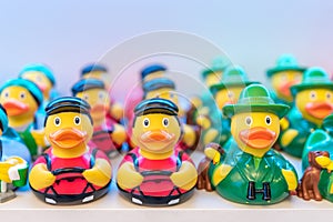 Different rubber ducks on the shelf in the store