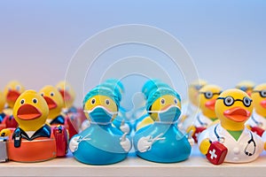 Different rubber ducks on the shelf in the store