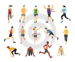 Different running athlets sport people runner group with kit elements silhouette character design let`s run concept